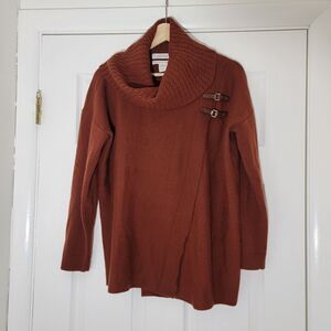 Ellen Tracy 100% Extrafine Merino Wool Leather Buckle Brown Cowlneck Cardigan  M